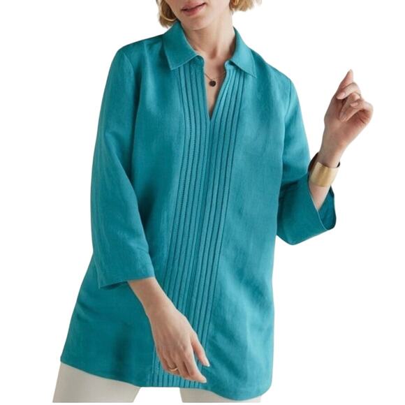 Soft Surroundings Camellia Pullover Tunic Linen Blend Teal Blue L - Picture 1 of 9